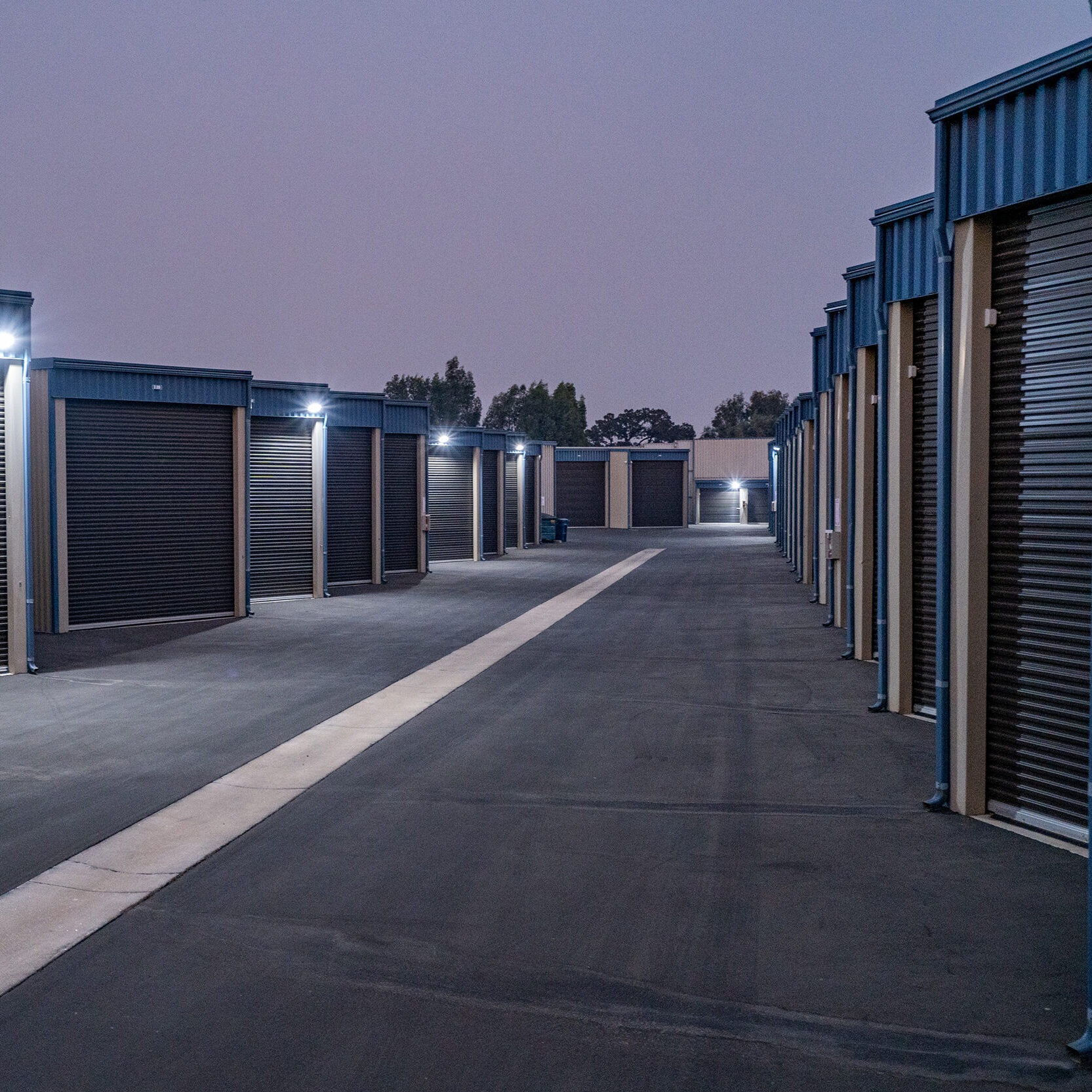 powered storage unit facility at night