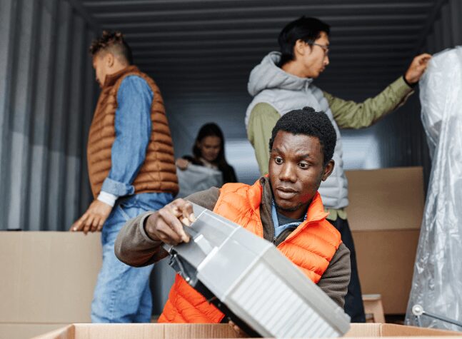 Young man examining a household appliance in a busy room.